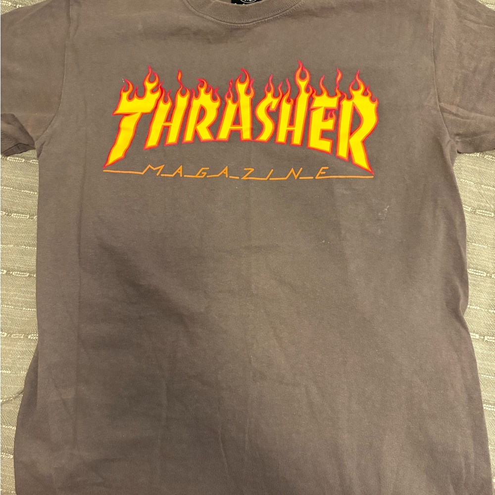 Thrasher Gray Short Sleeve Tee with Flame Logo